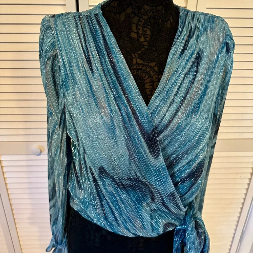 Ramy Brook Metallic Blue Wrap Blouse w/ Tie Waist - Picture 2 of 8